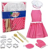 Keukenset voor kinderen - Roze keukenschort, ovenwant, koksmuts, uitsteekvormen, deegroller etc. Meisje chef