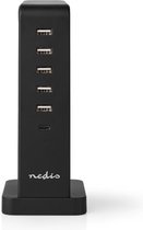Nedis USB Lader | Tafelmodel met 6 USB Poorten Met Stof Bekleed | 5 x USB A En 1 x USB-C 30W Power Delivery | Geschikt Voor o.a. Smartphones, Tablets, Nintendo Switch | Zwart