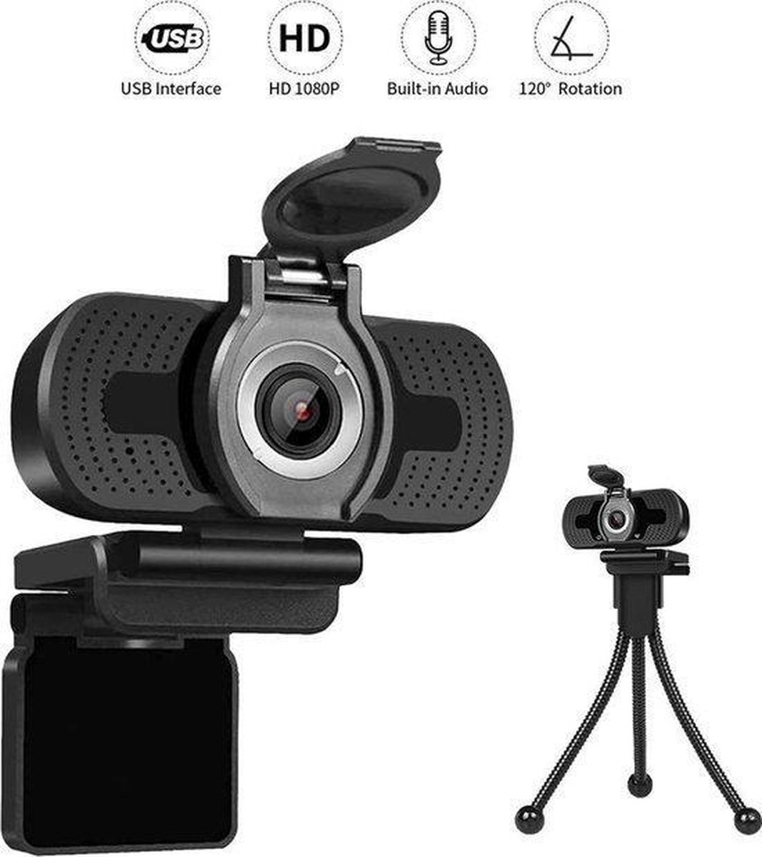 Webcam Full HD 1080P - GRATIS Privacy Cover & Tripod -verstelbare lensring - Werk & Thuis - Plug & Play - Windows Mac & Android