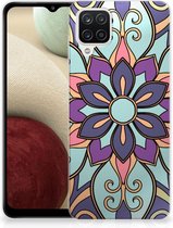 Coque Téléphone pour Samsung Galaxy A12 PU Silicone Etui Bumper Gel Fleur Mauve