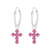Joy|S - Zilveren kruisje bedel oorbellen kristal roze - oorringen