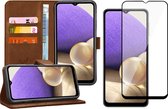 Hoesje geschikt voor Samsung A32 en Screenprotector Book Case Leer Wallet Bruin + Screen Protector Glas Full