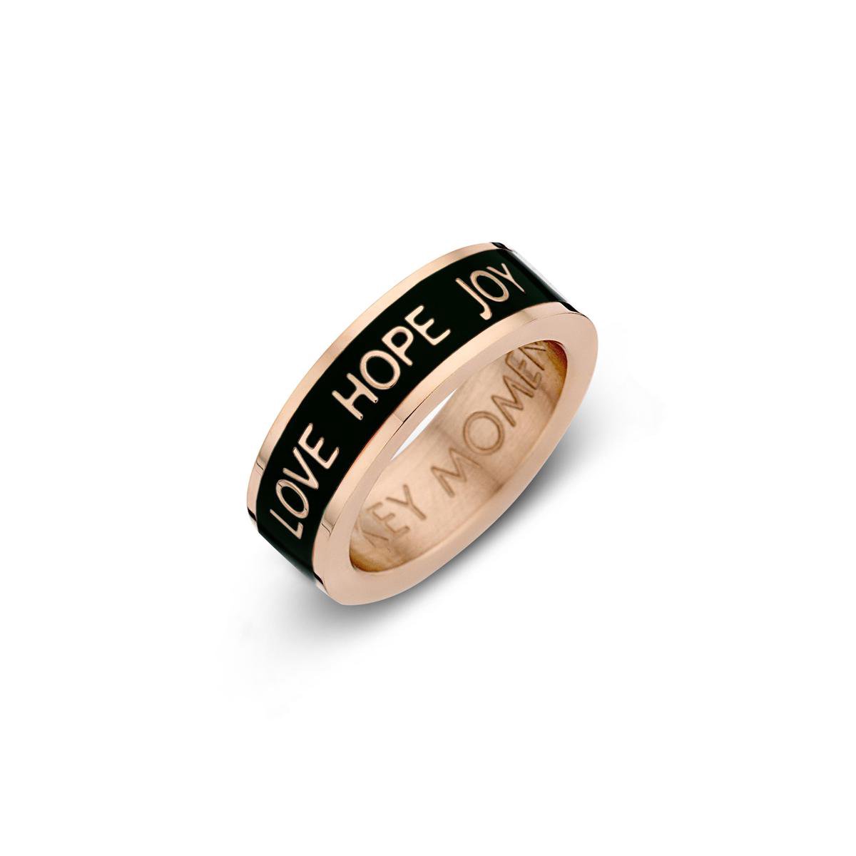 Key moments 8KM-R0003-50 Stalen Ring - Dames - Zwart - Emaille - LOVE HOPE JOY - Maat 50 - Staal - Cadeau - Rosé Goudkleurig plating