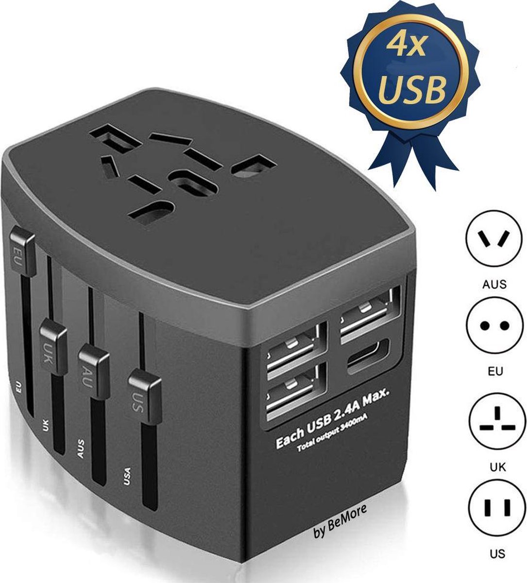 All-in-one Wereldstekker 3 USB en 1 Universele Adapter - Reis... | bol.com