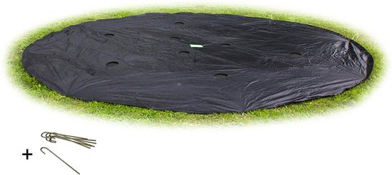 Zwarte ronde trampolinehoes met haringen, op gras.