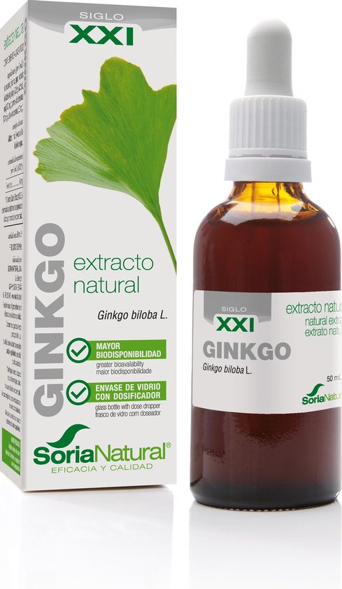 Flesje bruin glas met druppelaar en een doos van Ginkgo biloba extract.