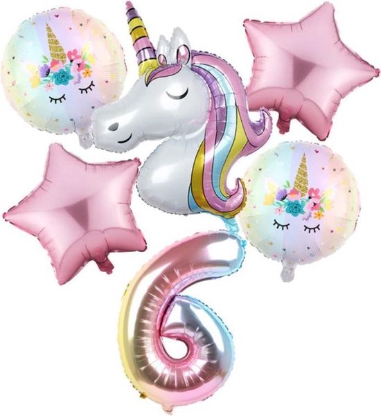 Set van 6 Stuks Unicorn / Eenhoorn ballonnen Verjaardagsfeestje Decoraties ( 6 jaar)