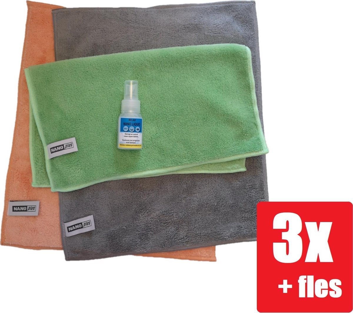 Goedkoopste Nanodoekje - Nanodoek - Nanodoekjes - Nanohandschoen - Schoonmaakdoek - Microvezeldoek - 3 Stuks Groen, Grijs, Oranje Relax flesje Nano Liquid