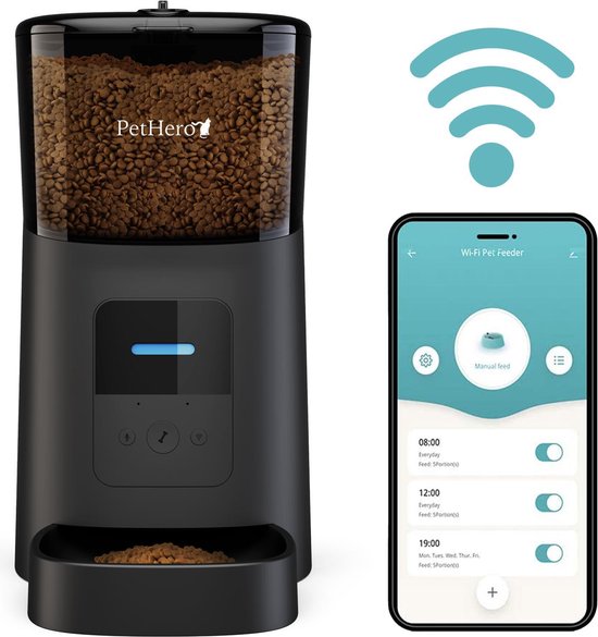 PetHero Smart WiFi Automatische Voerbak Zwart - Voerautomaat voor kat of hond met smartphone besturing - Voerinhoud 6 liter