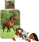 Good Morning Dekbedovertrek bruin Paard-140 x 220 cm, Paarden dekbed-katoen, incl. grote paarden knuffel - 60 cm -bruin/wit
