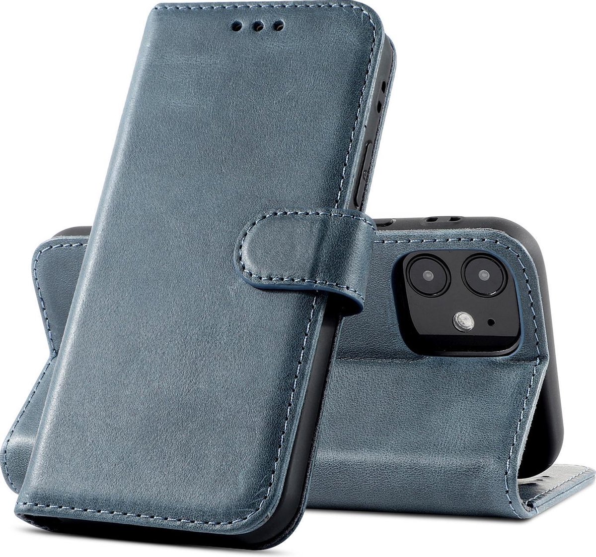 Klassiek Design - Echt Lederen Hoesje - Book Case Telefoonhoesje - Echt Leren Portemonnee Wallet Case - iPhone 12 Mini - Navy