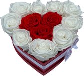Fleurs de ville - Flowerbox met longlife rozen - 12 rood/witte  rozen - Hartvormige doos