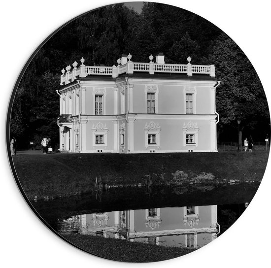 Dibond Wandcirkel - Wit Huis aan Water - 20x20cm Foto op Aluminium Wandcirkel (met ophangsysteem)