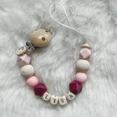 Babybeads- Speenkoord met naam - Poederroze rainbow en paars - Gepersonaliseerd kraamcadeau