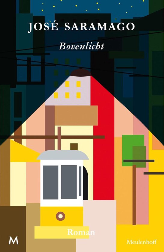 Boek kaft met tram en gebouwen, titel 'Bovenlicht' van José Saramago.