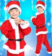 Fluweel Kerstman Kostuum voor Jongen 3-4 jaar - Maat: 100 - 4 delig: Jas, Broek, Riem, Kerstmuts voor kinderen - Kerstman Kostuum voor kinderen