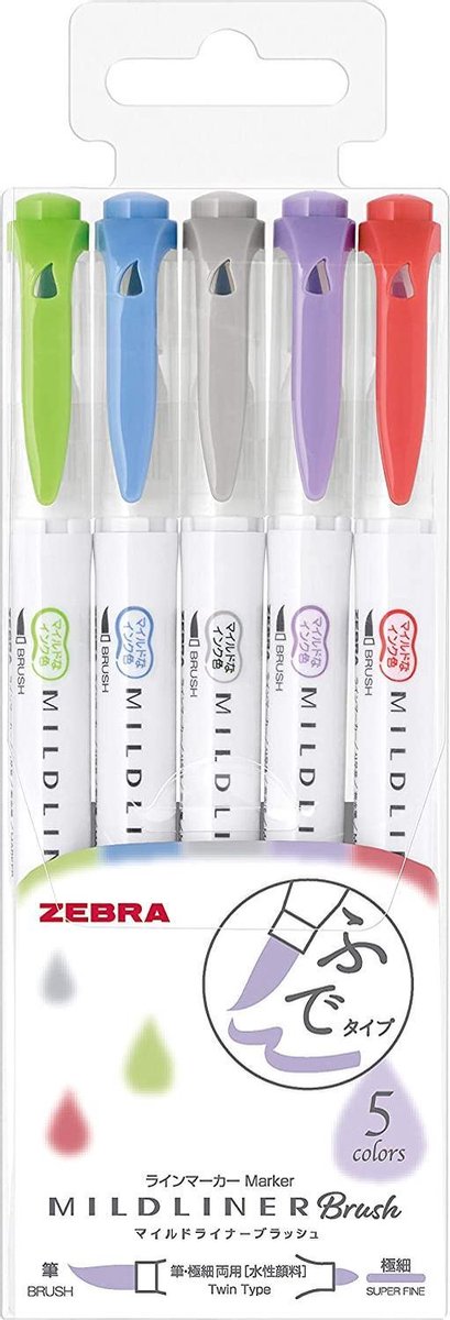 Zebra Mildliner - Brush pennen - Dubbelzijdig - Koele kleuren - Set van 5