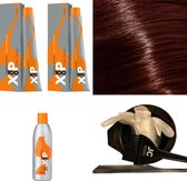 XP100 haarverfpakket kleur 6.5  Donkerblond & Mahonie (2x 100ML) met 6% waterstof ( 1x 250ML) incl verfbakje, kwast, maatbeker, puntkam en handschoenen