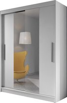 InspireMe- Zweefdeurkast Kledingkast met Spiegel Garderobekast met planken en kledingstang - 150x61x200 cm (BxDxH) - LARA 01 (Wit)
