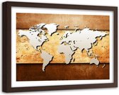Foto in frame , Wereld op gekleurde planken , 120x80cm , bruin beige , wanddecoratie