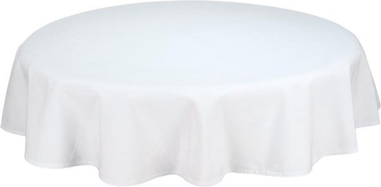 Nappe ronde blanche retombant sur le bord d'une table, avec des côtés flottants ondulés.