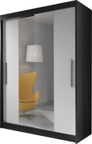 InspireMe- Zweefdeurkast Kledingkast met Spiegel Garderobekast met planken en kledingstang - 150x61x200 cm (BxDxH) - LARA 01 (Zwart+Wit)