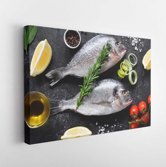 Fresh uncooked dorado or sea bream fish with lemon slices, spices, herbs and vegetables. Mediterranean cuisine. Top view  - Modern Art Canvas  - Horizontal - 745353781 - 50*40 Horizontal