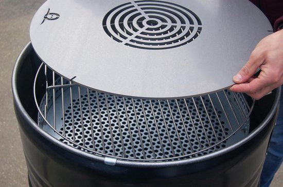 BarrelQ Big 200 L olievat multifunctioneel houtskool barbecue- vuurkorf- statafel in één met Teppanyaki grill plaat en beschermhoes van BarrelQ — afbeelding 3
