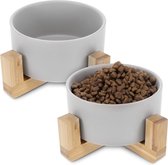 Keramische verhoogde voerbakken - Verhoogde dubbele voer- en drinkbakenset voor katten en kleine honden met houten standaards - Eco-vriendelijke voerbakken - grijs