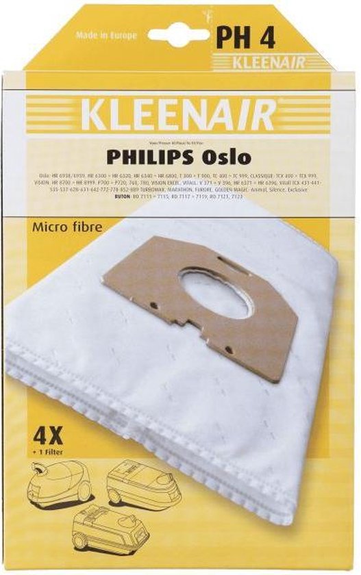 plaats Baars Onmiddellijk Kleenair PH4 stofzuiger zak met micro filtration Philips Oslo 4  stofzuigerzakken + filter | bol.com