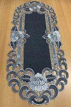Tafelkleed serie - Linnenlook - Donker grijs met bloem - Loper 70 cm