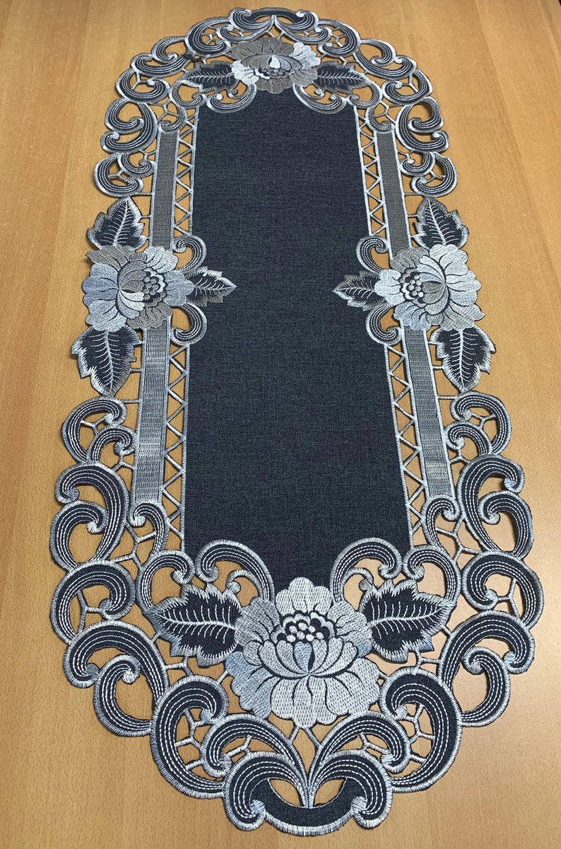 Tafelloper - Linnenlook - Donker grijs met bloem - Loper 70 cm