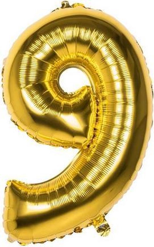 9 Jaar Folie Ballonnen Goud - Happy Birthday - Foil Balloon - Versiering - Verjaardag - Jongen / Meisje - Feest - Inclusief Opblaas Stokje & Clip - XXL - 115 cm