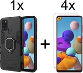 Samsung A21S Hoesje - Samsung Galaxy A21S hoesje Armor Case Zwart Kickstand Ring shock proof magneet - 4x Samsung A21s Screenprotector