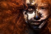 Red haired woman with face art and creative make up. Curly hair style. Black and white face art. Fantasy painted girl. Masquerade - Modern Art Canvas  - Horizontal - 243473584 - 50