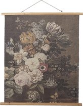 Clayre & Eef Wandkleed 80x100 cm Grijs Hout Textiel Rechthoek Bloemen Wanddoek Wandhanger Wandkaart