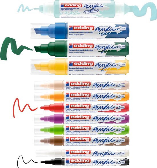 edding Kit pour débutants peinture acrylique - marqueurs acryliques fins,moyens,larges, 1 tube et bloc pour peinture - etui de 12 couleurs (basiques) - peinture acrylique pour la toile,la pierre