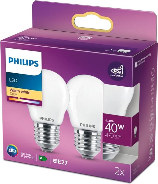 Philips energiezuinige LED Kogellamp Mat - 40 W - E27 - warmwit licht - 2 stuks - Bespaar op energiekosten