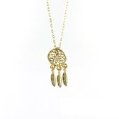 Ketting + dreamcatcher met veertjes hanger goud kleur