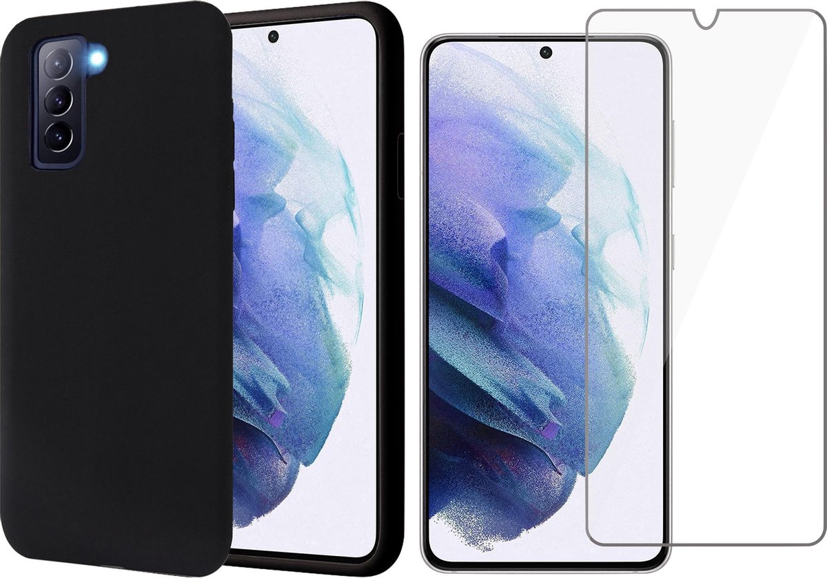 Hoesje geschikt voor Samsung S21 Plus - Zwart Siliconen Case - Screen Protector Glas