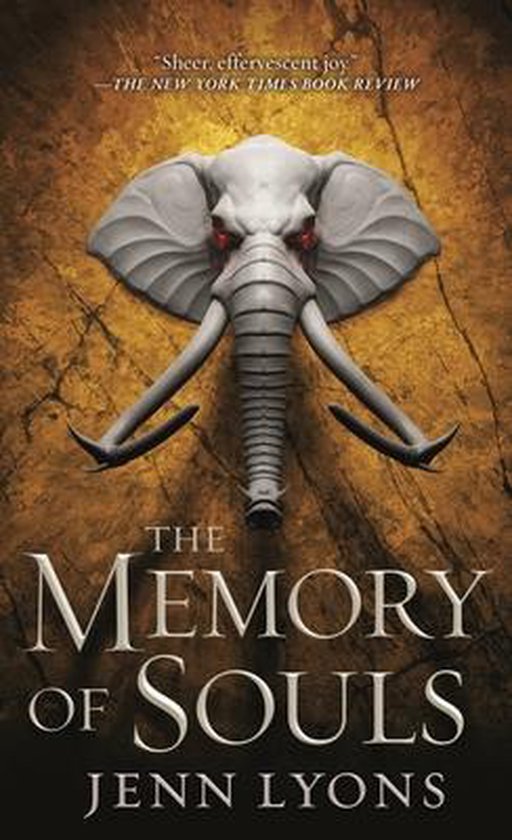 Boekomslag van "The Memory of Souls" met een gestileerde grijze olifant met rode ogen op een bruine, rotsachtige achtergrond. "Sheer, effervescent joy" - The New York Times Book Review.