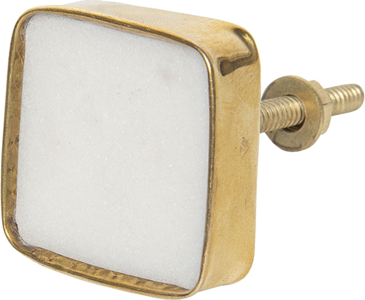 Clayre & Eef Deurknop 4 cm Wit Goudkleurig Steen Vierkant Meubelknop Kastknop