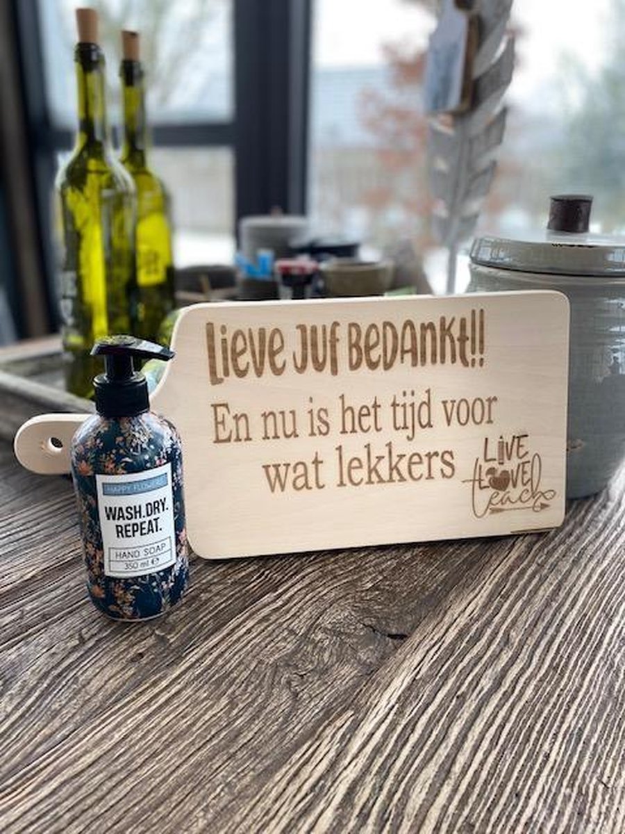 Creaties van hier - serveerplank - lieve juf bedankt - zeeppompje - 35 cm - hout