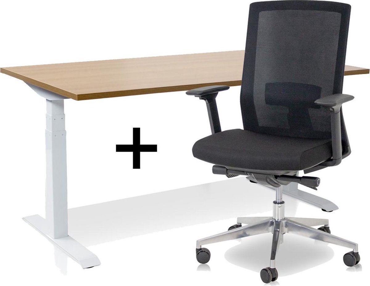 Zit-sta bureau elektrisch verstelbaar + ERGO Bureaustoel | MRC PRO NEN-EN 527 Thuiswerkset | frame bureau wit - bureaublad havanna | 140x80 cm