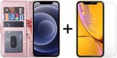 iPhone 12 hoesje bookcase roze rose wallet case portemonnee hoes cover hoesjes - 1x iPhone 12 screenprotector