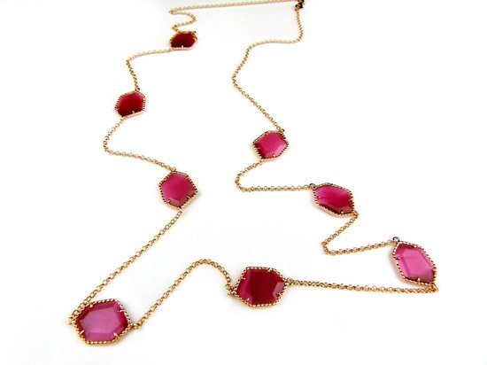 Zilveren halsketting halssnoer collier roos goud verguld Model Hexagon gezet met roze stenen