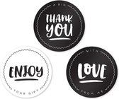 Sluitstickers rond zwart wit cadeaustickers Bedankt Thanks With Love Enjoy sticker set 4,5 cm set 18 stuks