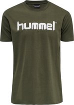 Hummel Hummel Go Cotton Logo Sportshirt - Maat XL  - Mannen - olijfgroen/wit