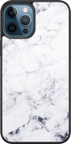 iPhone 12 hoesje glas - Marmer grijs - Hard Case - Zwart - Backcover - Marmer - Grijs