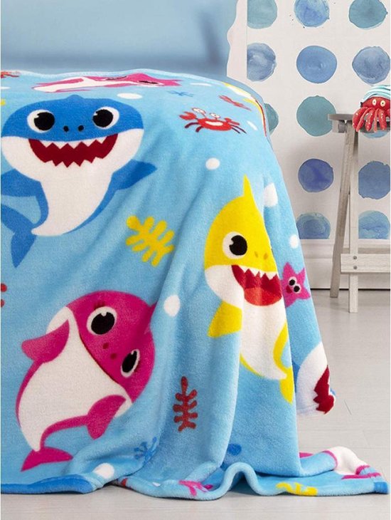 Zachte fleece deken van Baby Shark, blauw met gekleurde haaien | bol.com